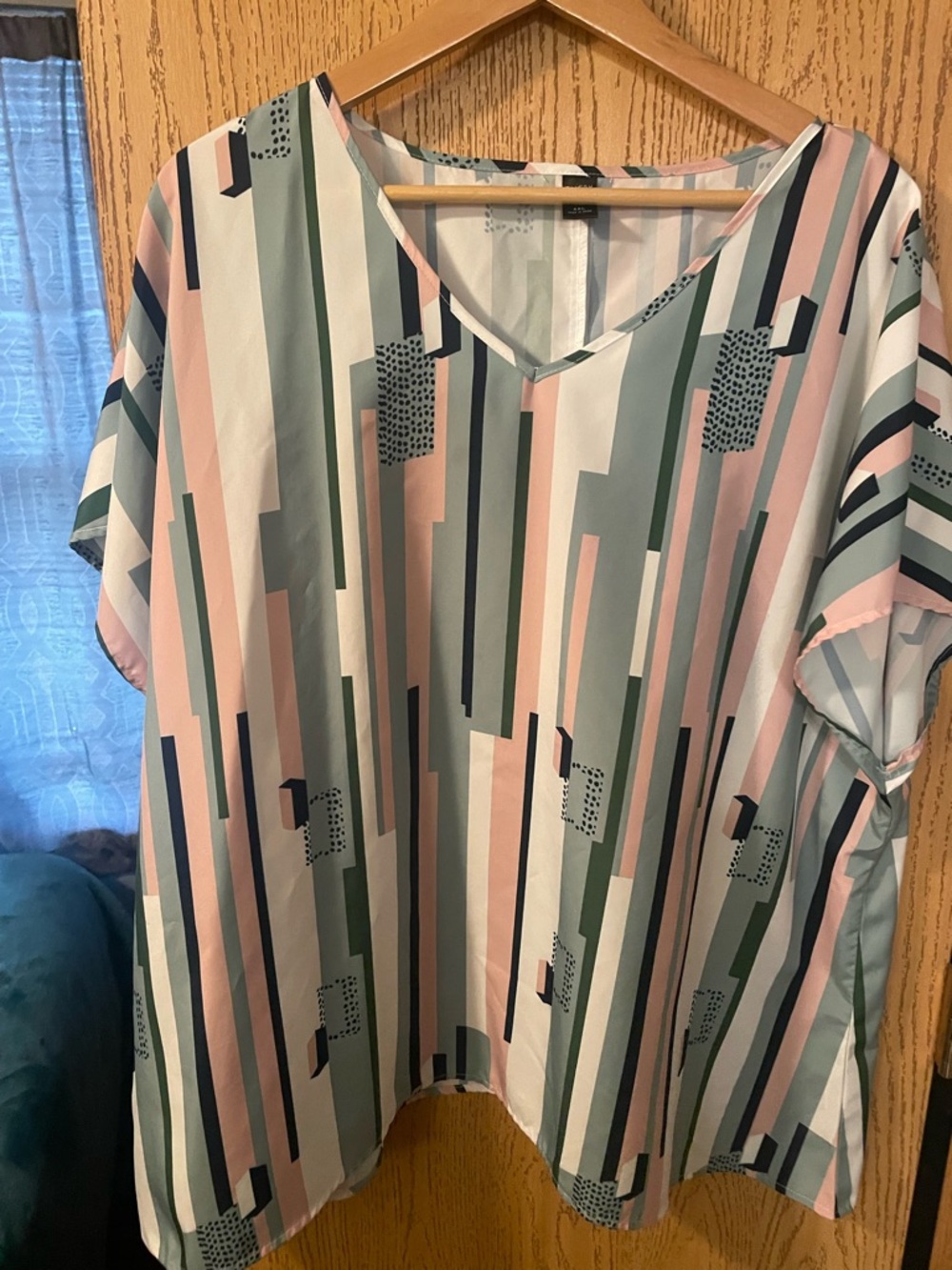 V-Neck Geometric Stripe Blouse in Pink & Green